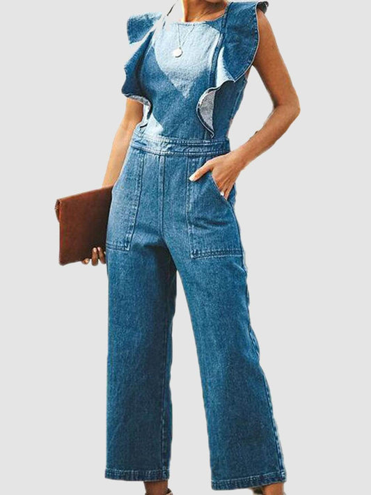 Ruffled Backless Sleeveless Denim Jumpsuit - Hovatok