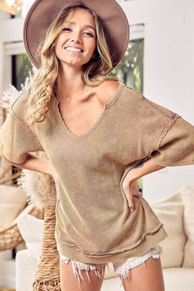 BiBi Washed Notched Short Sleeve Top - Hovatok