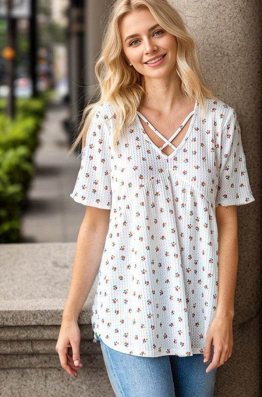 Heimish Full Size Crisscross Ditsy Floral Babydoll Top Plus Size - Hovatok