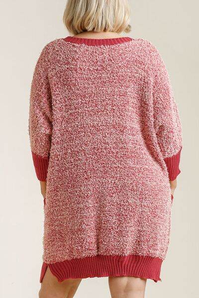 Umgee Full Size Ribbed Hem Round Neck 3/4 Sleeve Sweater Dress with Pockets Plus Size - Hovatok