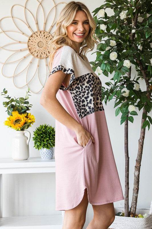 Heimish Full Size Solid Color Block and Animal Mini Dress Plus Size - Hovatok