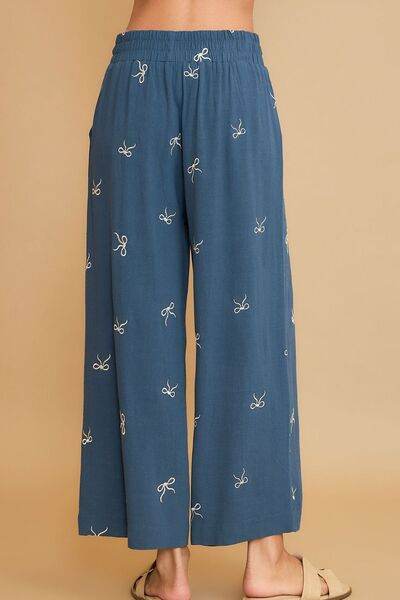 Umgee Full Size Lace Drawstring Embroidered Bow Wide Leg Pants Plus Size - Hovatok