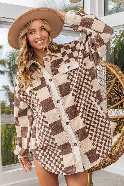 BiBi Checkered Button Down Corduroy Shacket - Hovatok