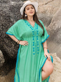 Plus Size Tied Fringe V-Neck Half Sleeve Dress - Hovatok