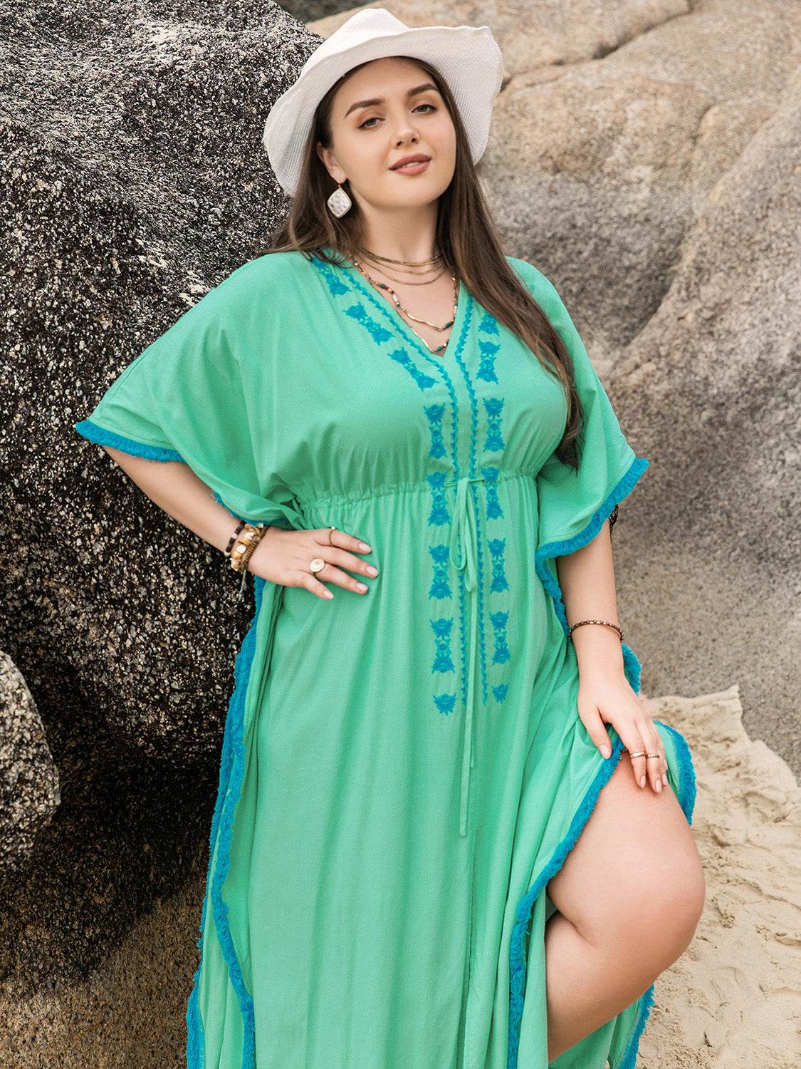 Plus Size Tied Fringe V-Neck Half Sleeve Dress - Hovatok