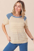 BiBi Textured Contrast Short Sleeve Sweater - Hovatok