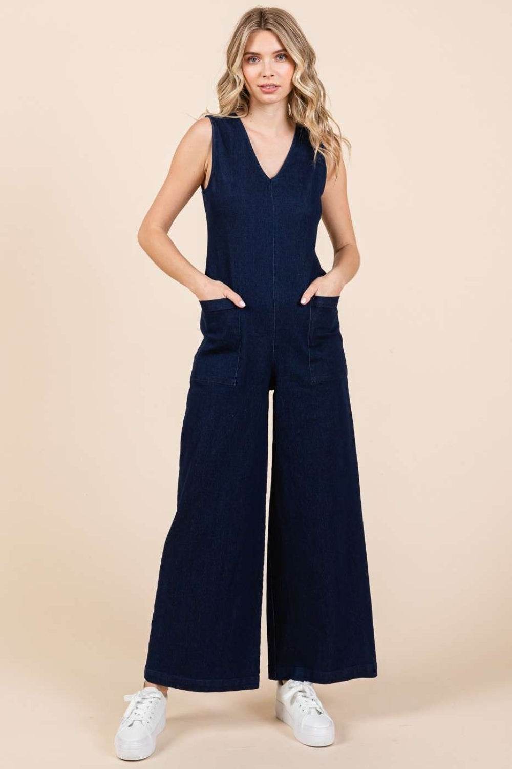 Mittoshop Sleeveless Wide Leg Denim Jumpsuit - Hovatok