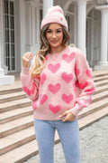Angel Wings Round Neck Dropped Shoulder Sweater with Heart Pattern - Hovatok