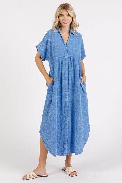 Mittoshop Mineral Wash V Neck Button Up Midi Shirt Dress - Hovatok