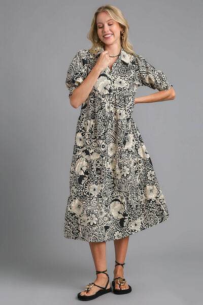 Umgee Full Size Printed Smocked Cuff Puff Sleeve Midi Dress Plus Size - Hovatok