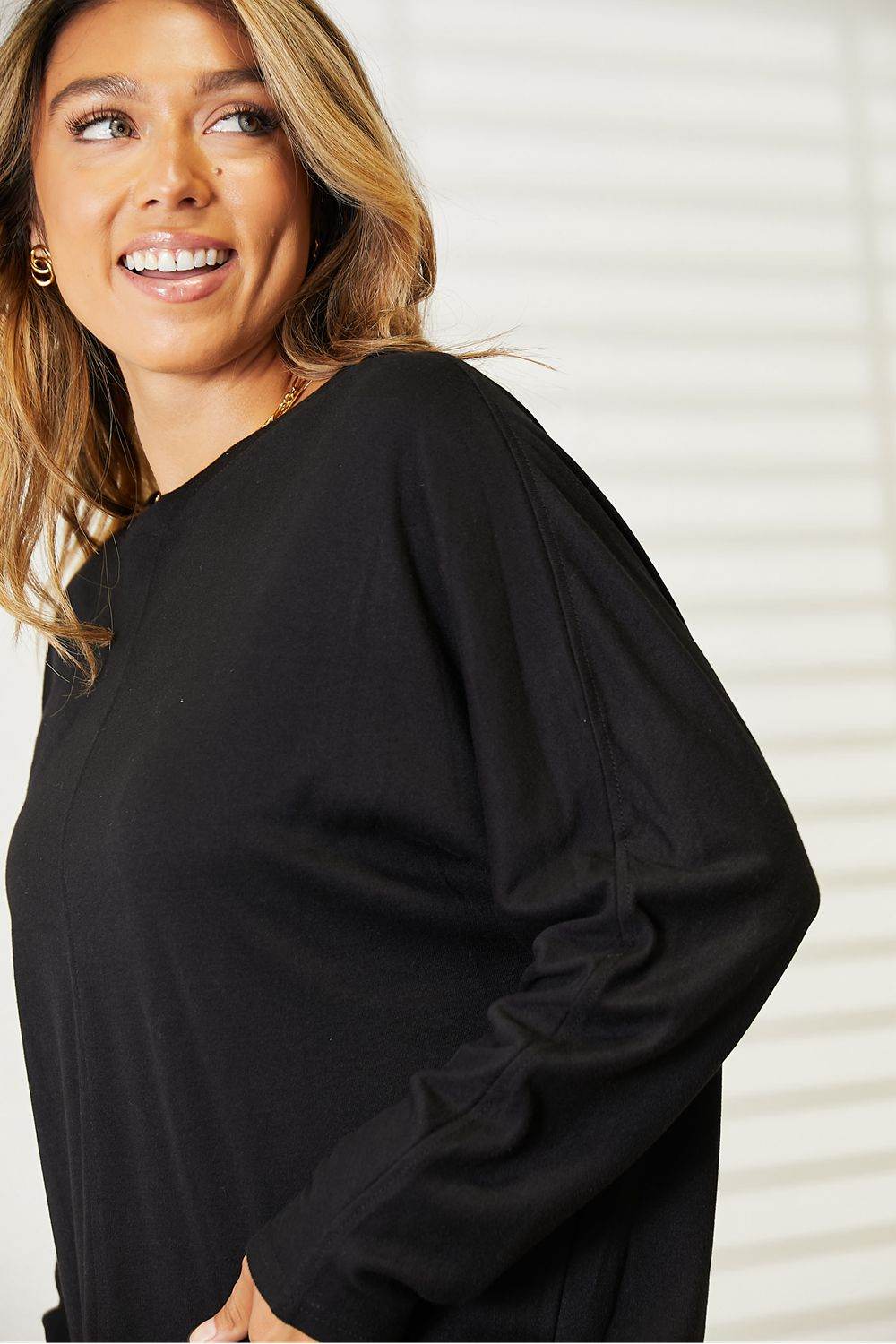 Double Take Seam Detail Round Neck Long Sleeve Top - Hovatok