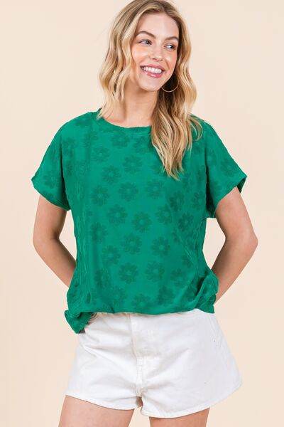 BOMBOM Textured Floral Pattern Short Sleeve T-Shirt - Hovatok