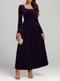 Velvet Square Neck Long Sleeve Dress - Hovatok