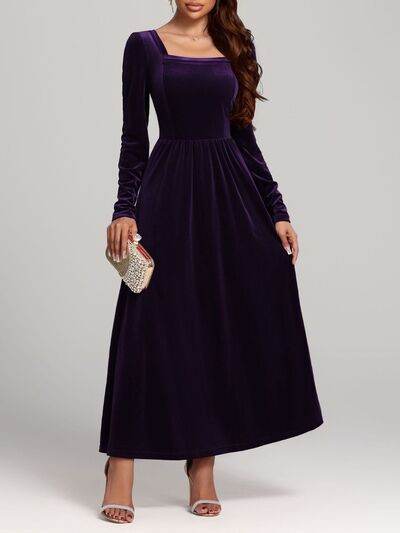Velvet Square Neck Long Sleeve Dress - Hovatok
