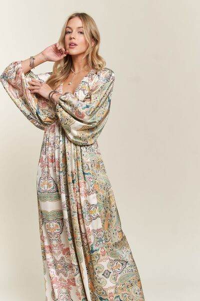 ADORA Printed V-Neck Batwing Sleeve Dress - Hovatok