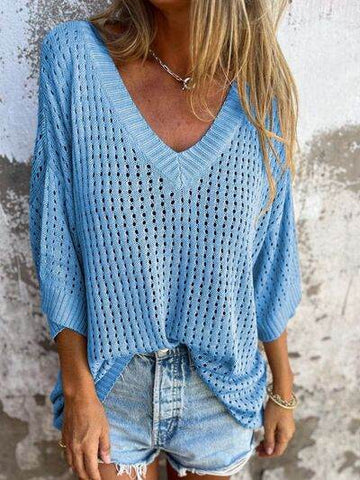 Full Size Openwork V-Neck Knit Cover Up Plus Size - Hovatok