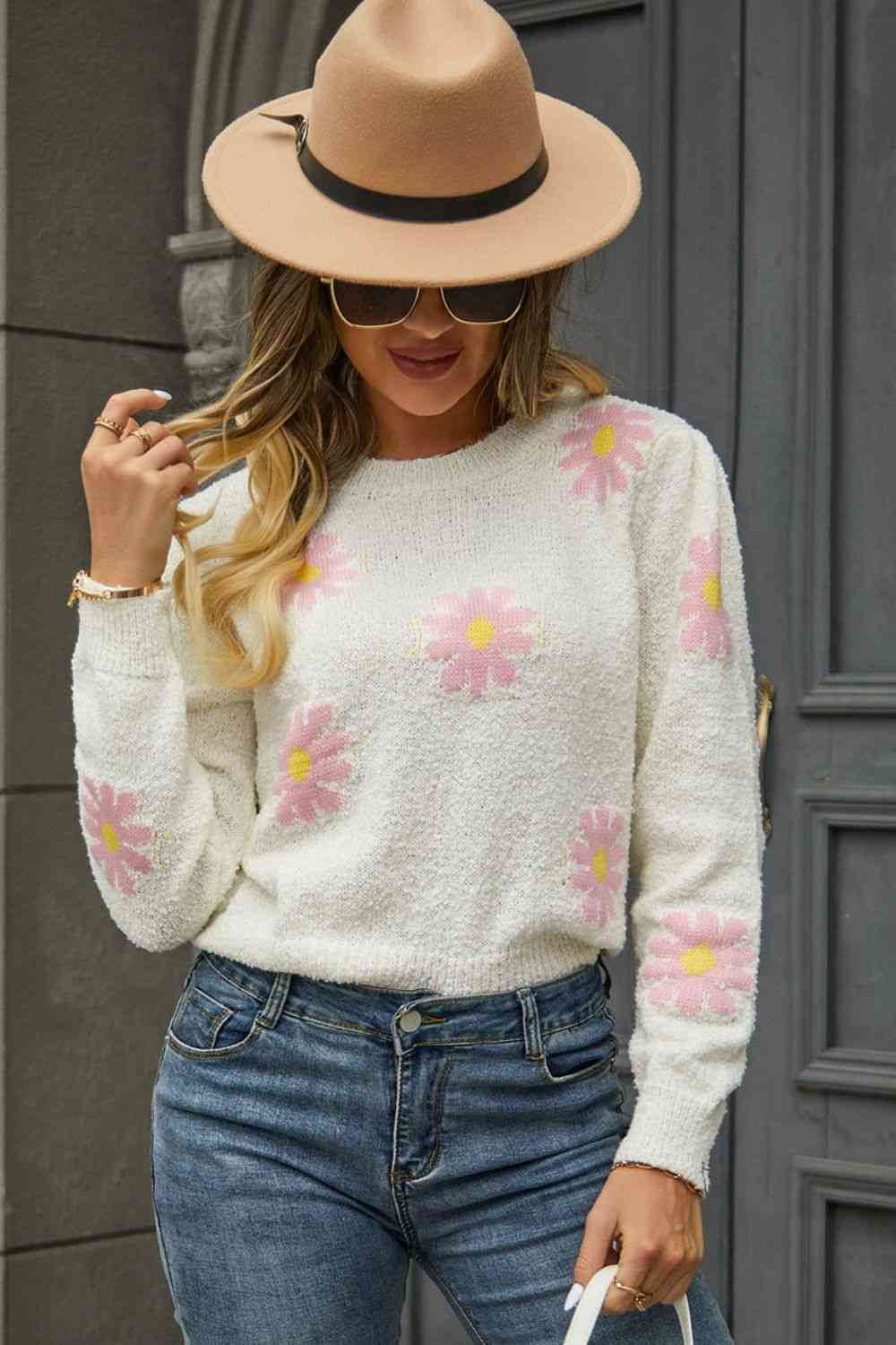Angel Wings Flower Pattern Round Neck Short Sleeve Pullover Sweater - Hovatok