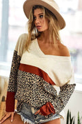 BiBi Waffle Knit Leopard Color Block V-Neck Top - Hovatok