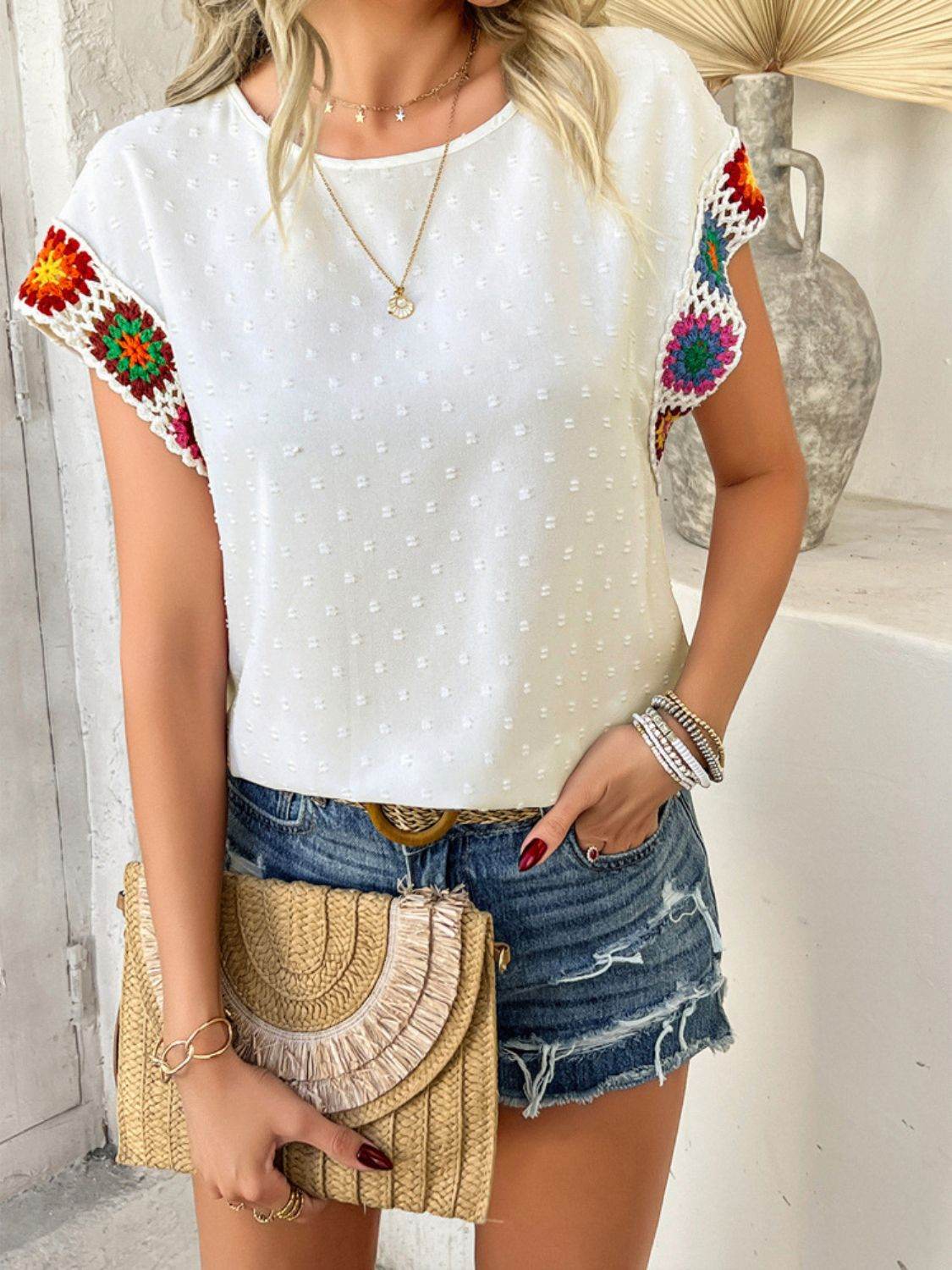 Devine Swiss Dot Round Neck Crochet Short Sleeve Top - Hovatok