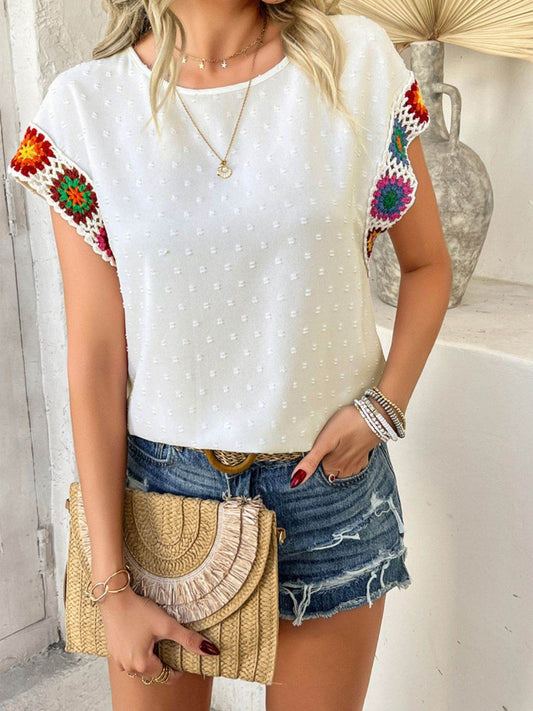 Devine Swiss Dot Round Neck Crochet Short Sleeve Top - Hovatok