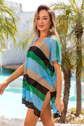 Angel Wings Openwork Striped V-Neck Short Sleeve Cover Up - Hovatok