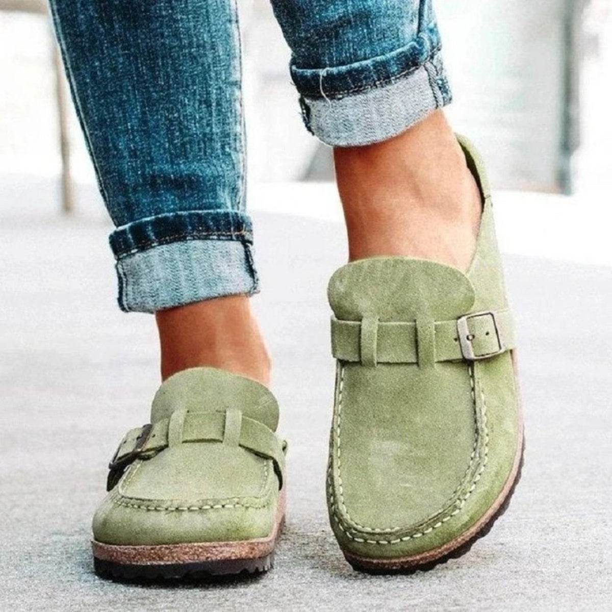 Round Toe Low Heel Buckle Loafers - Hovatok