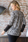 Heimish Full Size Snakeskin Print Round Neck Lace Contrast Top - Hovatok