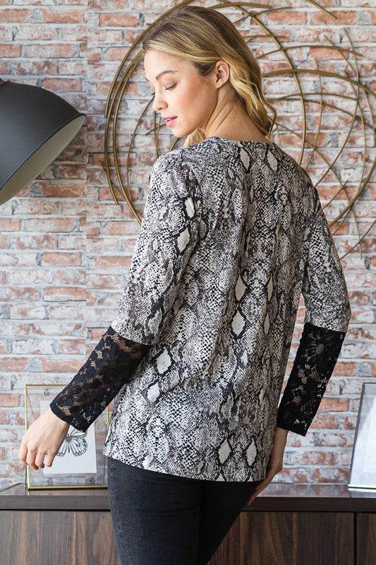 Heimish Full Size Snakeskin Print Round Neck Lace Contrast Top - Hovatok