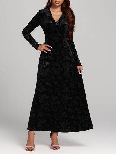 Rose Print V-Neck Long Sleeve Dress - Hovatok