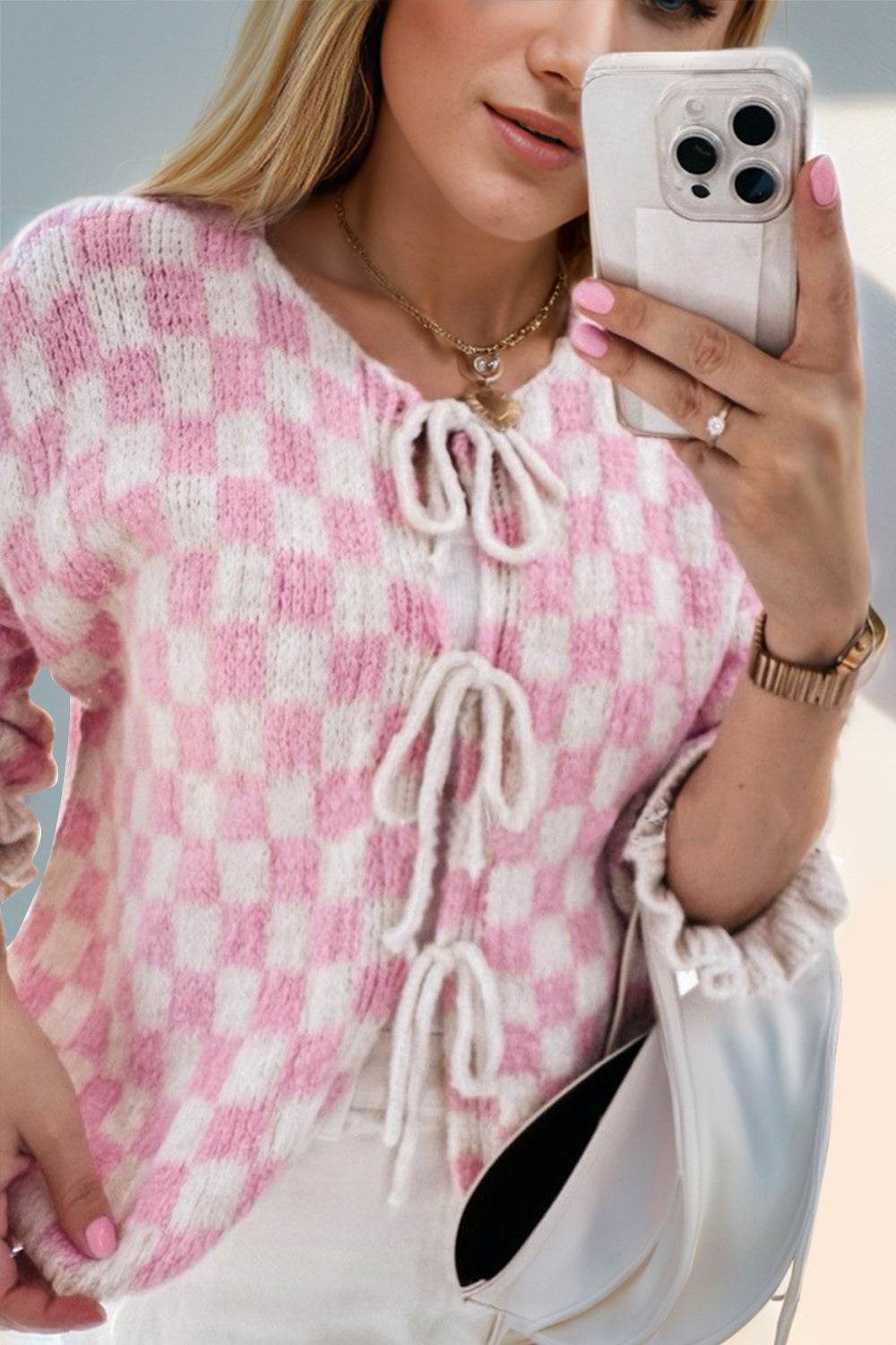 Double Take Tied Checkered Dropped Shoulder Flounce Sleeve Cardigan - Hovatok
