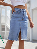 Raw Hem Slit Denim Skirt - Hovatok