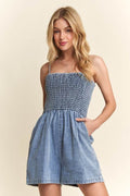 ADORA Smocked Spaghetti Strap Denim Romper - Hovatok