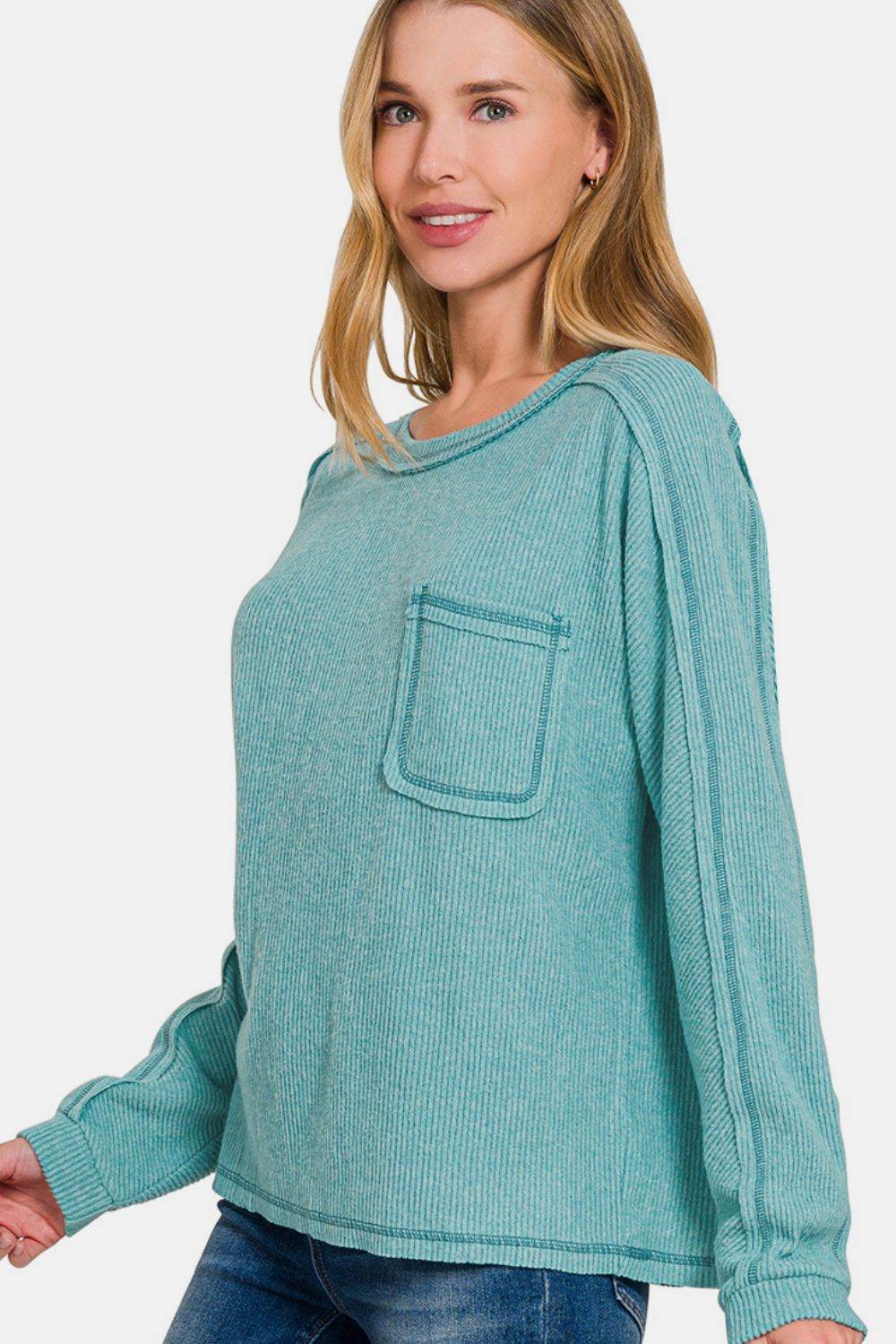 Zenana Full Size Contrast Stitching Brushed Ribbed Hacci Knit Top Plu Size - Hovatok