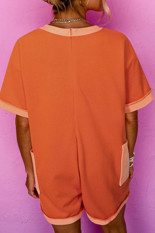 Two-Tone Short Sleeve V Neck Patched Pocket Romper - Hovatok