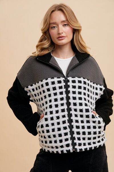 Annie Wear Plaid Zip Up Drop Shoulder Sherpa Jacket - Hovatok