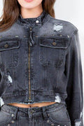 American Bazi Full Size Distressed Star Stud Trim Denim Rider Jacket Plus Size - Hovatok