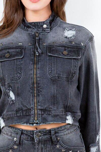 American Bazi Full Size Distressed Star Stud Trim Denim Rider Jacket Plus Size - Hovatok
