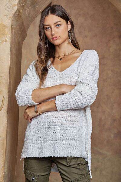 ADORA High-Low Side Slit V-Neck Sweater - Hovatok