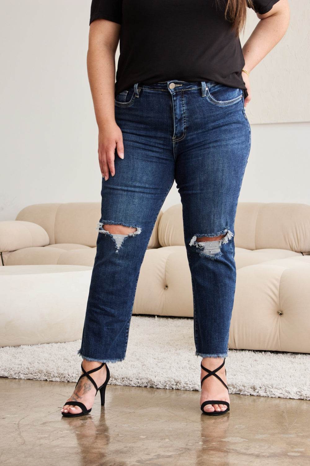 RFM Crop Dylan Full Size Tummy Control Distressed High Waist Raw Hem Jeans - Hovatok