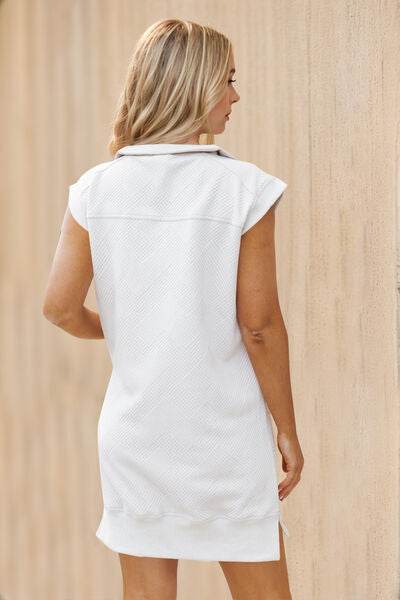 Oh Full Size Texture Half Zip Cap Sleeve Mini Dress - Hovatok