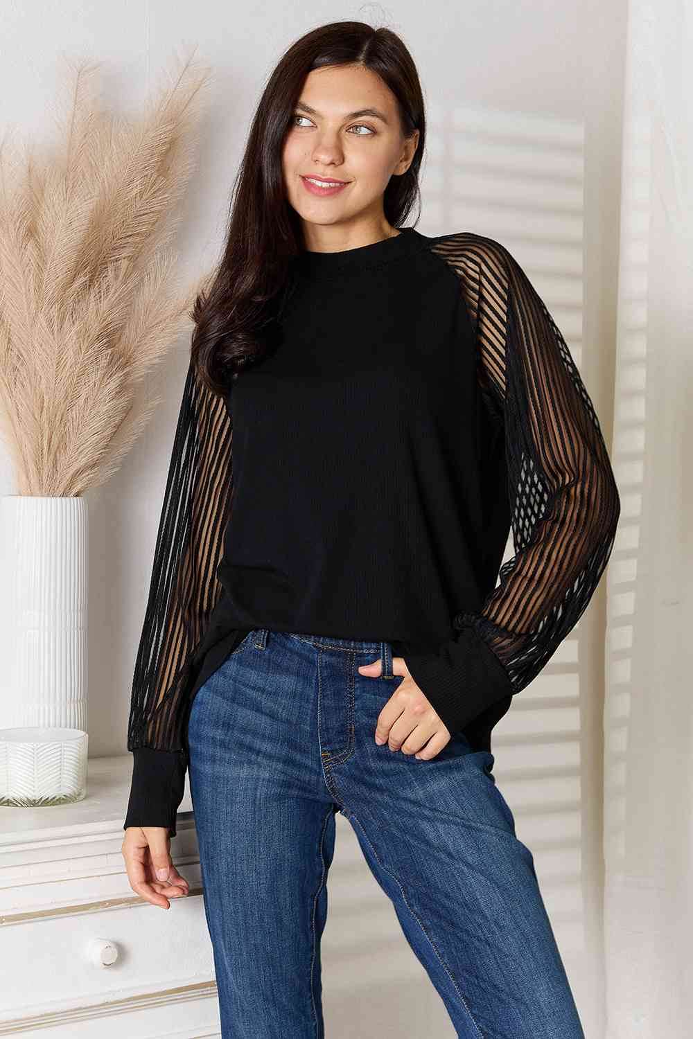Double Take Round Neck Raglan Sleeve Blouse - Hovatok