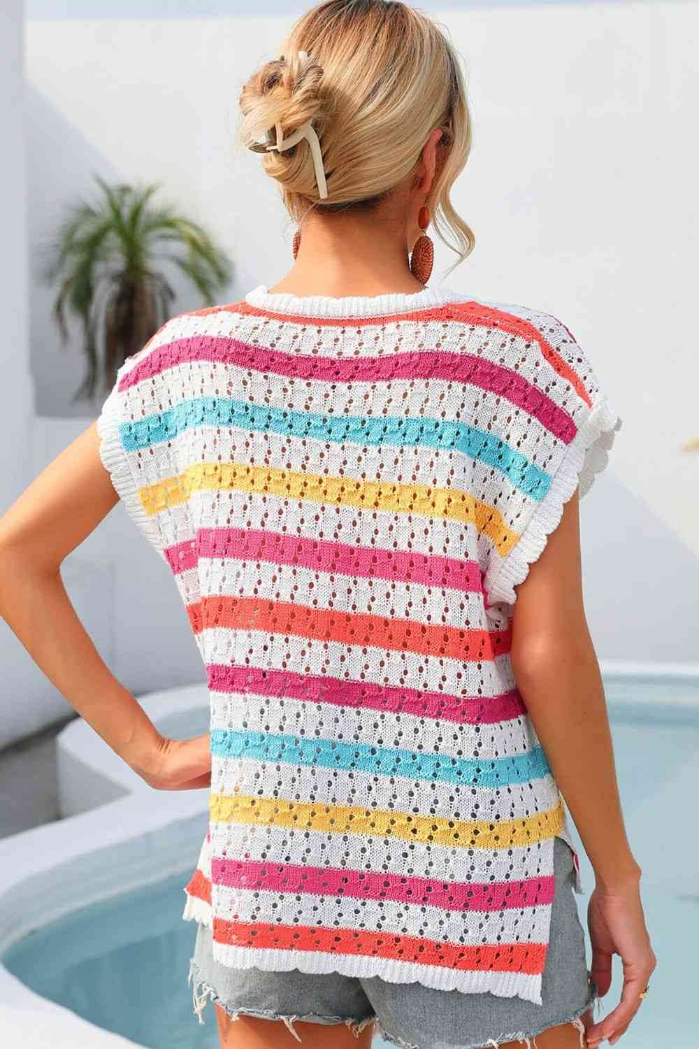 Angel Wings Striped V-Neck Slit Cover Up - Hovatok