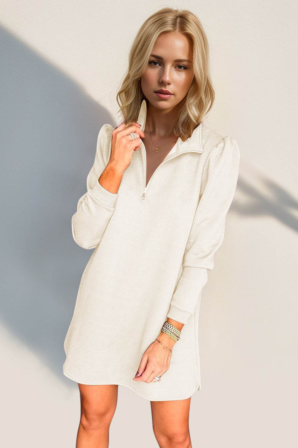 Double Take Textured Quarter Zip Long Sleeve Dress - Hovatok