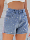 Rhinestone Washed High Waist Denim Shorts - Hovatok
