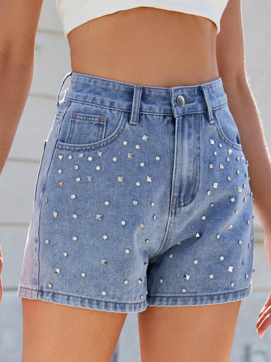 Rhinestone Washed High Waist Denim Shorts - Hovatok