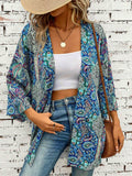 Printed Open Front Three-Quarter Sleeve Cover Up - Hovatok