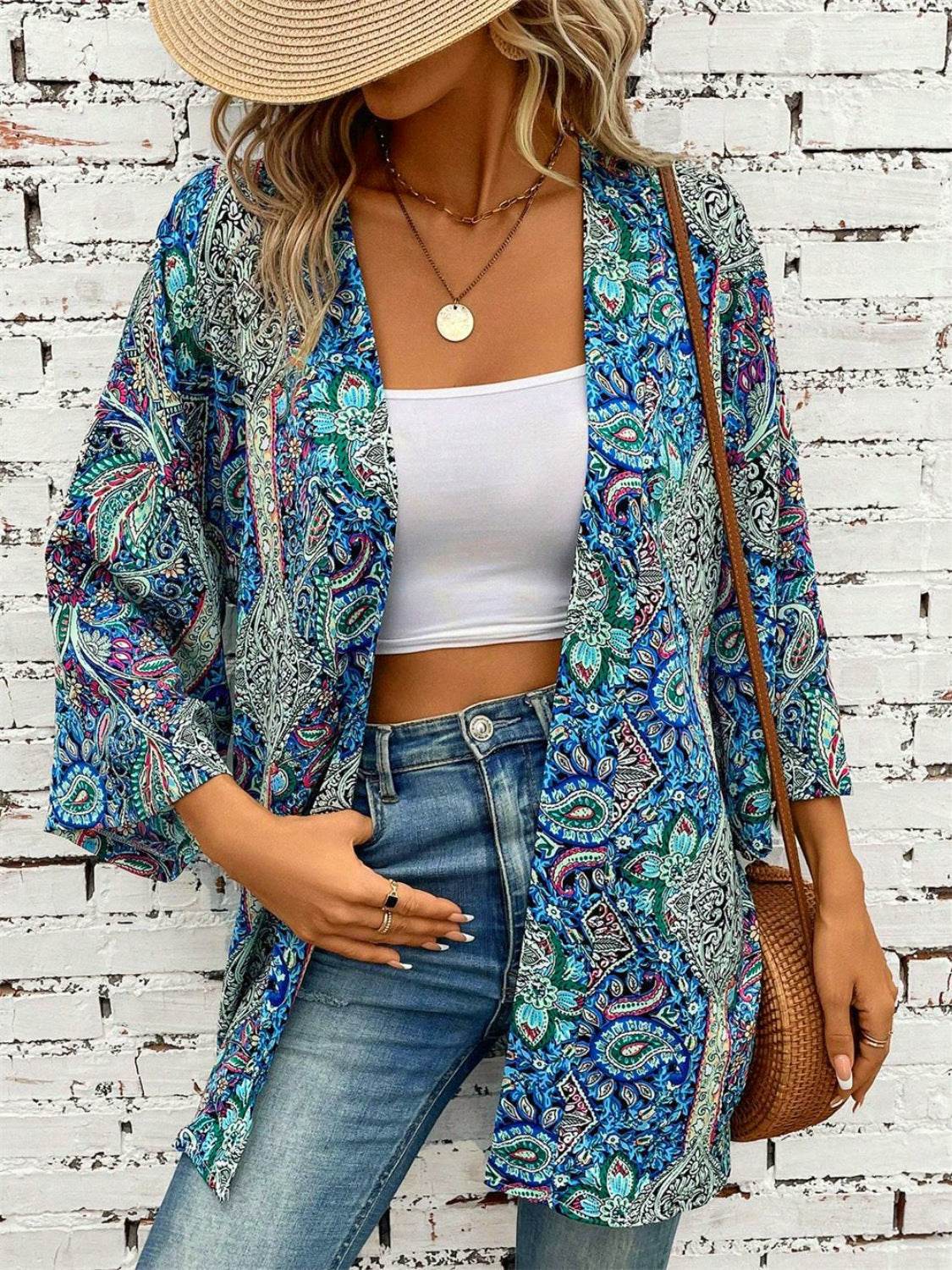Printed Open Front Three-Quarter Sleeve Cover Up - Hovatok