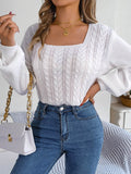 Cable-Knit Square Neck Long Sleeve Sweater - Hovatok