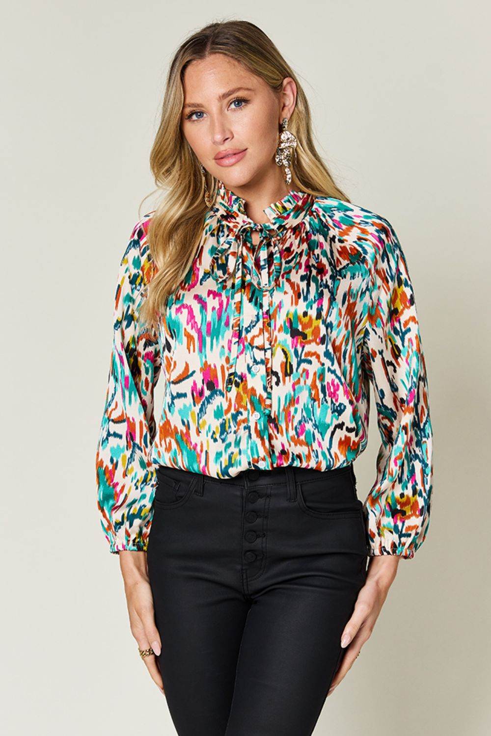 Double Take Full Size Printed Button Up Long Sleeve Shirt - Hovatok