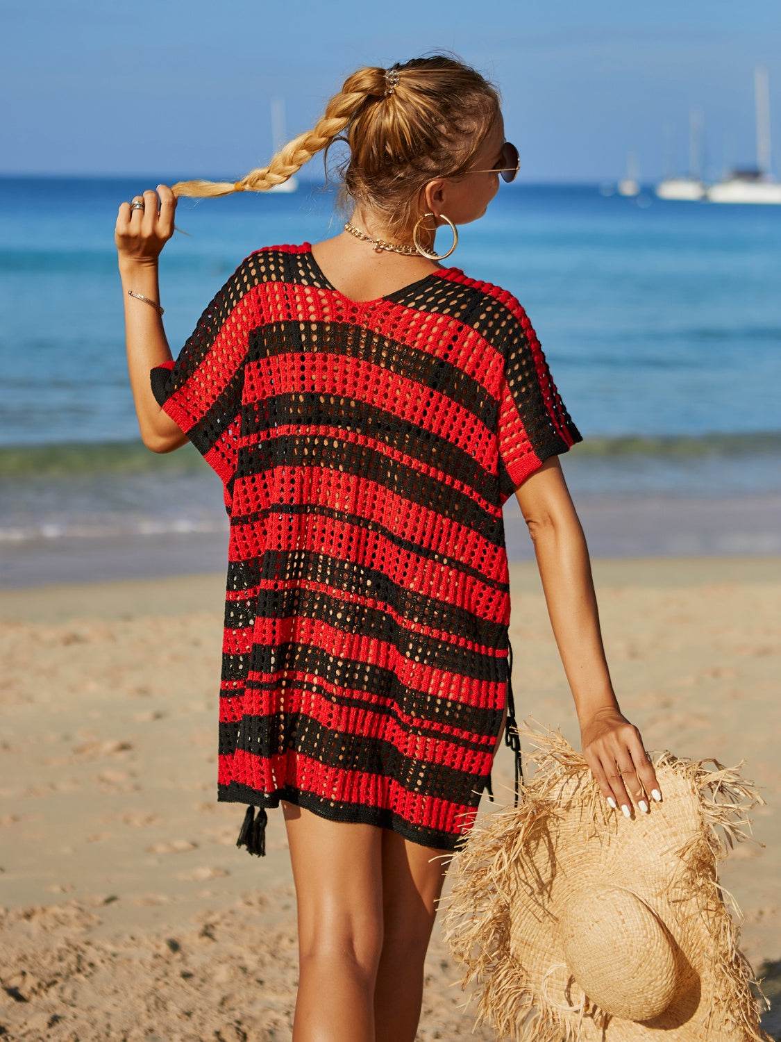 Angel Wings Tassel Openwork Striped V-Neck Cover Up - Hovatok